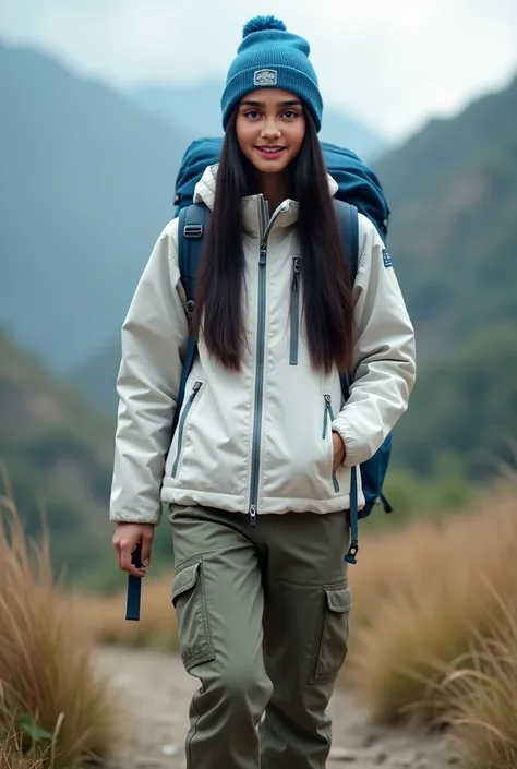 An Indonesian woman, 28 years old, with  long straight black hair, a beautiful  face, fair skin, a sharp nose, thin lips, and an oval face. SHe resembles someone of Arabic descent. He is wearing a zipped up white  jacket, blue cargo pants, black mountain s...