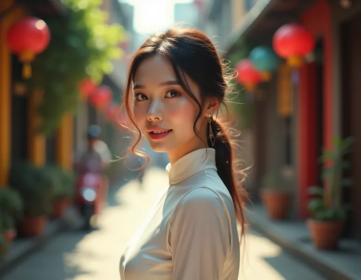 A young woman in a white ao dai dress in the alleyways of Ho Chi Minh City, beautiful detailed eyes,beautiful detailed lips,extremely detailed eyes and face,long eyelashes,realistic,photorealistic,photo-realistic:1.37,HDR,UHD,studio lighting,ultra-fine pai...