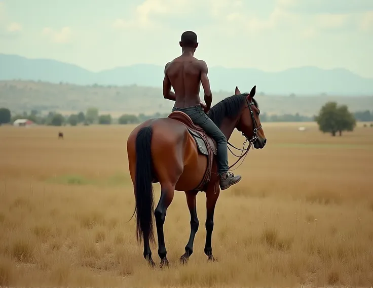 a african american skinny slim young cow boy, riding a horse. completely naked. side views. in old horse field farms. showing his ass butt views.  completely naked, no dress. showing his backside ass butt