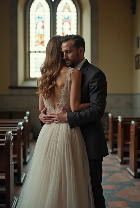 emma stone,  in transparent fabric wedding dress ,  showing her underwear  ,  inside an abandoned church,  around her 50-year-old men , Looking at her with desire, one of them embraces her by force while standing behind her