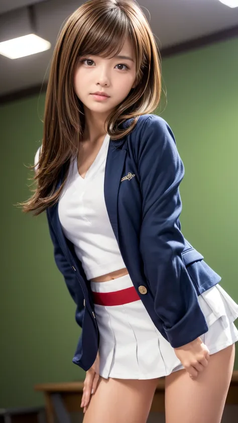 Product quality,  1 girl,(  shooting from below  :1.4),( Taimo emphasis :1.4), beautiful young Japanese girl ,Daytime, (  High school classroom :1.2),(Short sleeve shirt:1.3),(  Womens College Uniform :1.3),(  blazer:1.3), ( white ultra short micro mini sk...