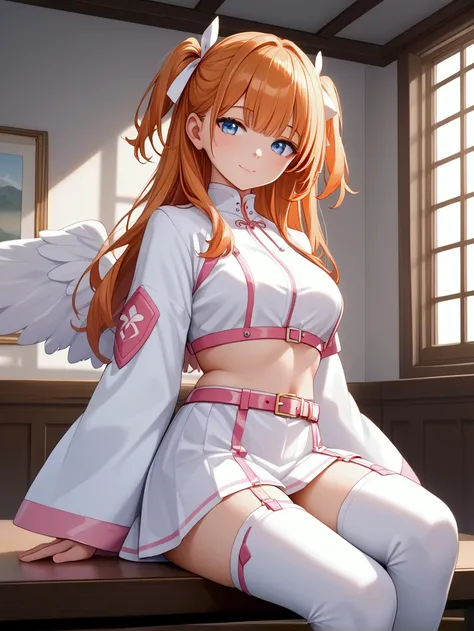 1girl,  voluptuous, solo, light orange hair long hair, two side up with white ribbon, light blue eyes, light smile, glossy white jacket with pink lines, cropped jacket wide sleeves jacket high-neck jacket, (white miniskirt lowleg skirt), stomach, pink belt...