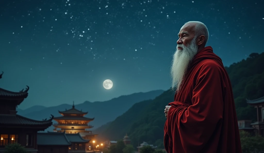 " monk wearing Rasa  (Kashaya )  red scrambler ( Stargazing in a night temple :  A monk with a white beard stands on the roof of a monastery , watching the night sky .  His face illuminates the moonlight ,  and his beard looks like an old man ,  associated...