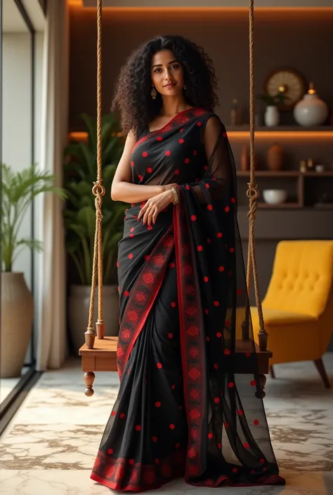 A woman with a confident and graceful demeanor, wearing a black saree adorned with red polka-dot patterns, paired with a sleeveless black blouse. Her hair is styled in thick, voluminous curls, and her face has a soft yet confident expression. She is posing...