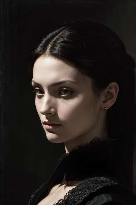 woman , dark style ,portrait, beautiful woman, beautiful female queen, evil look, beautiful classy woman ,eyeliner,portrait, Caravaggios paintings、Chiaroscuro of Caravaggio ,simple background