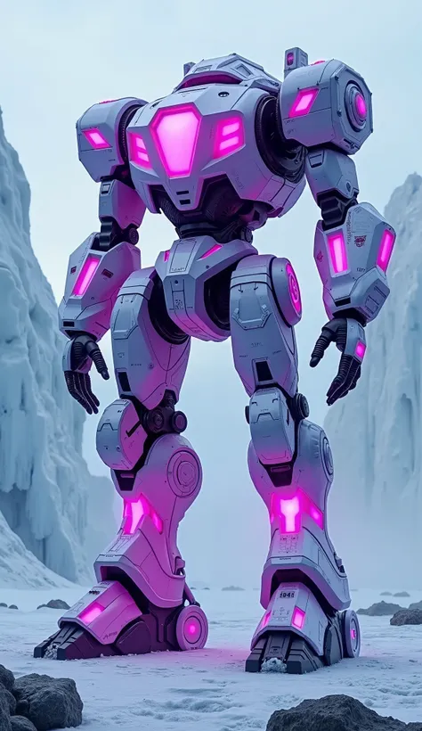 a big machine robot color neon violet.  4K HDR . BG Iceborg.