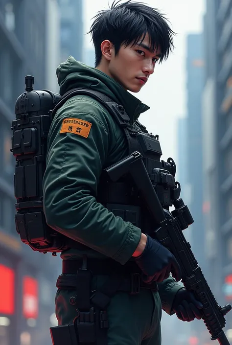 japanese man in a military uniform holding a gun and a camera, profile shot, ready for combat, looks like jerma985, wearing tactical gear, twitch streamer / gamer ludwig, holding pdw, jerma985, jerma 9 8 5, michal, profile picture 1024px, halfbody headshot...