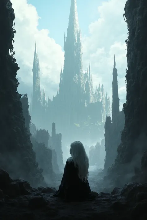 A woman with long white hair sits with her back turned against a scene of a fantasy city in ruins.