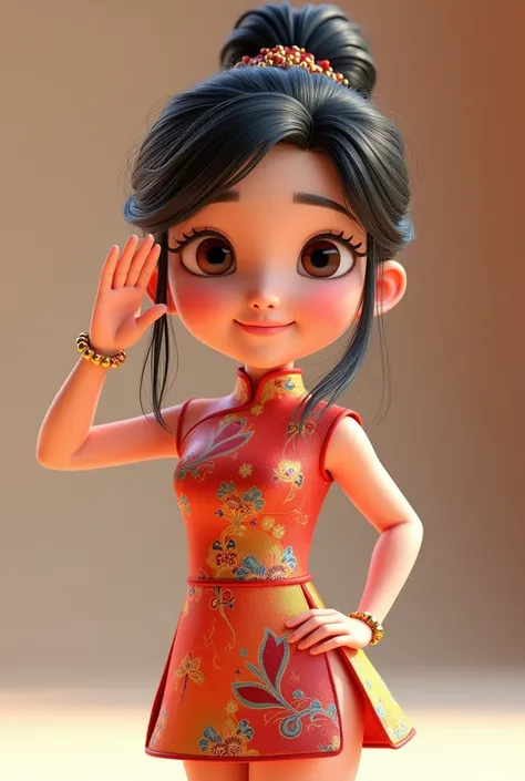 3D Animation。Beautiful Chinese woman saluting in mini china dress and knee-high socks。 black hair。(((Chignon Hair)))。 Friendly Smiles 。