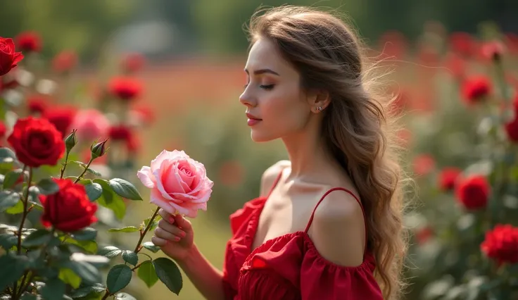 A beautiful girl in a red dress standing next to a pink flower, beautiful southern European woman, beautiful European girl, beautiful young European woman, beautiful young European woman, beautiful woman, stunning elegant picture, elegant European woman, e...