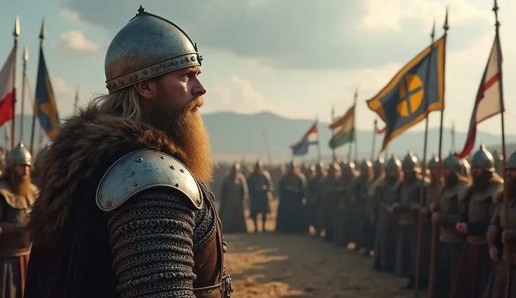 A dramatic scene depicting King Harald Bluetooth overseeing the early stages of unification in Scandinavia, which would later lead to the establishment of the Kalmar Union. Harald, with his long, unkempt blonde hair and braided golden-brown beard, icy blue...