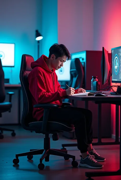 Cinematic shots of gaming room with computer . A handsome boy s a of Indonesian origin with short dark hair and good looks wearing an oversize red hoodie, black trousers jogger, sneakers and , writing in the books , bright-looking . Sitting on the chair , ...