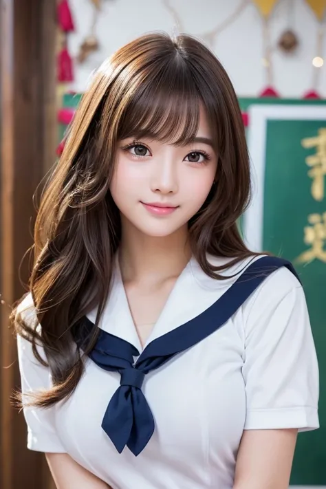 (( high school girl in a sailor suit)),  1 girl, beautiful detailed eyes,  lips with beautiful details,  very detailed eyes and face,  Long eyelashes,  beautiful young woman ,   College Student , 小さなsmile, ((( school classroom background ))),  brown hair, ...