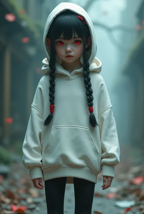  1 girl,  red eyes,oversized white hoodie,tights, red hairpin , braids 