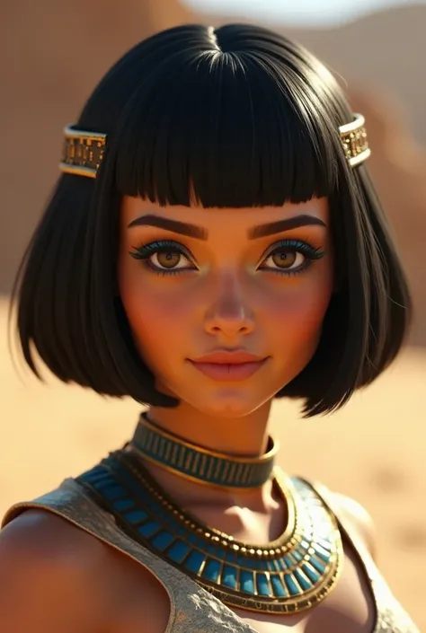  A picture of Cleopatra with a natural skin tone,  Short, thick dark hair  ,  sharp eyes with blue eyeshadow ,  a thin, curvy nose ,  full lips ,  Sandhole shape , Typical clothes, and cosmetics, Intricate extremist details ,  vibrant , epic, smooth, Movie...