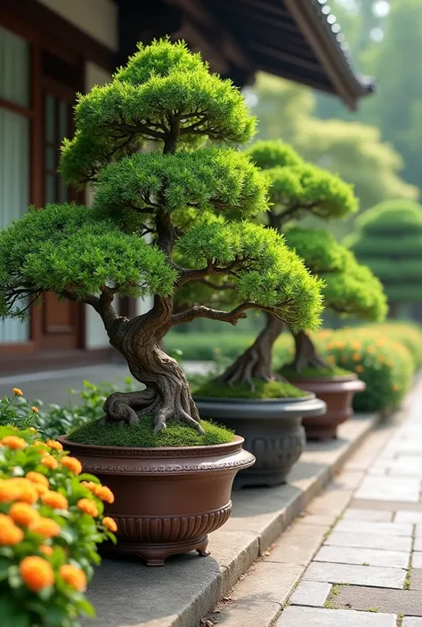 by the side of the house there is a row of beautiful bonsai trees with various shapes of stems and cut leaves. the bonsai tree is planted in a pot and placed on a pole arranged neatly by the side of the walkway decorated with colorful shrubs