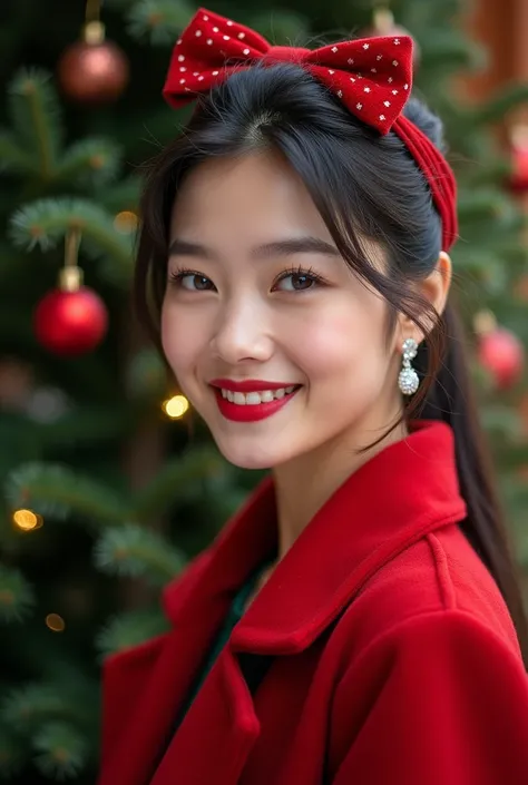 ,Christmas professional photography,1girl,solo,bow,jewelry,christmas,hair bow,earrings,black hair,red bow,looking at viewer,christmas ornaments,brown eyes,merry christmas,red lips,smile,red coat,ponytail,the background is surrounded by green trees,christma...