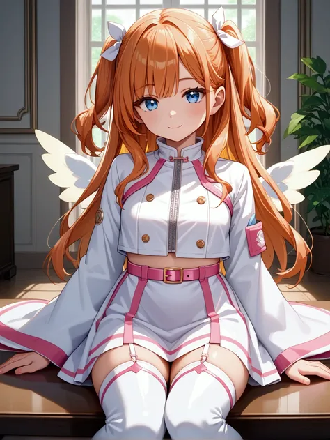 1girl,  voluptuous, solo, light orange hair long hair, two side up with white ribbon, light blue eyes, light smile, glossy white jacket with pink lines, cropped jacket wide sleeves jacket high-neck jacket, (white miniskirt lowleg skirt), stomach, pink belt...