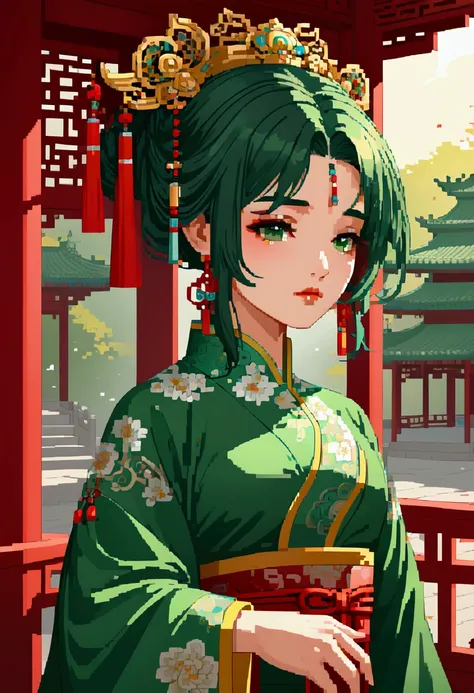 ((whole body)), samdoesarts style award winning whole body portrait of a beautiful woman, ((Perfect female face )),(( Ancient Chinese Green Clothes )), ((Green Peking Opera Costumes )), (Long sleeve) Gazebo, Complex, ( beautiful detailed eyes,  long eyebro...