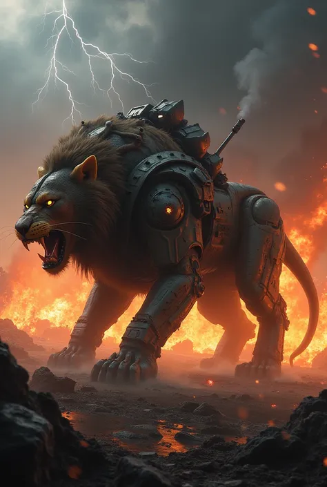 "In the heart of a smoldering battlefield, a monstrous hybrid of a lion and tank prowls menacingly. Its body is an unholy fusion of organic and mechanical, with its head and front legs resembling a snarling lion encased in cybernetic armor. Its hindquarter...