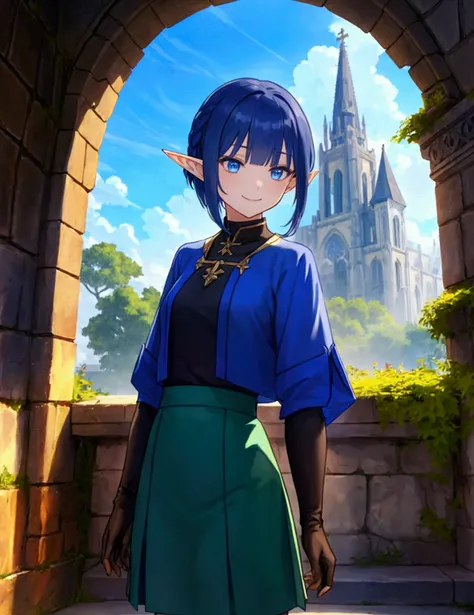 Like a game cover、background（backgroundは日没の夕焼け、 blue and green contrast、Legendary Scenery 、 mythical scenery unfolds、The cathedral shines brightly）、 pose（ dynamic ）、 character （ pointed ears、Elf、 blue eyes、 long lashes,smile、Mr.々Expression）、Hairstyle（ Rinw...