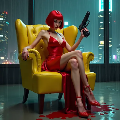 "A futuristic, noir-style scene featuring a confident woman with a sleek red dress, seated in a luxurious yellow armchair. She has short red hair, sharp facial features, and a piercing gaze. Her posture is assertive, with one arm resting on the back of the...