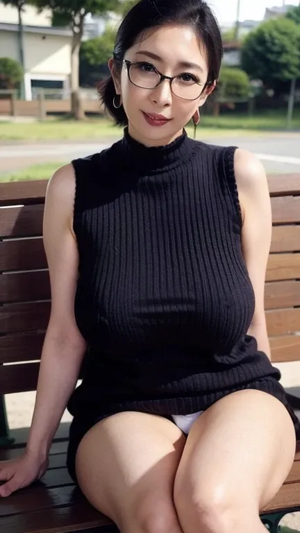 Chubby body, plump, fat, japanese mature, japanese milf, huge breasts, huge tits, large breasts, saggy breasts, huge ass, aroused, (( park bench)、 black hair、Glasses、 earrings for a woman alone　Age 35、 black knitted sweater、 sleeveless、Show me my panties j...