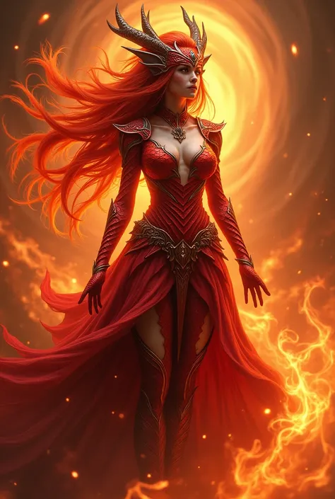 adult Female Fire Fairy, Sorcerer, red Dragon Scales on body, full body, Detailreich, no tail, Fire Theme