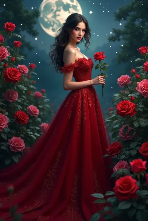 photorealism: create a beautiful lady and a hot body in elegant royal red dress while holding a rose. shes really beautiful and her background is somewhat like a rose night garden.