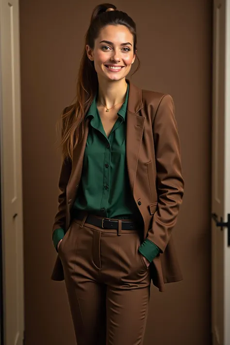  A woman with brown hair, Hair to ponytail , Selfie, in the office,  brown fabric pants ,  black belt,  green blouse, brown Blazer 