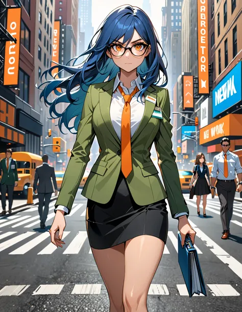 masterpiece, best quality, high res, medium breasts, 1lady, superhero, beautiful detailed eyes, beautiful detailed face, glasses, serious expression, perfect hands, complete fingers, perfect anatomy, perfect proportions, blue hair, medium hair, hair down, ...