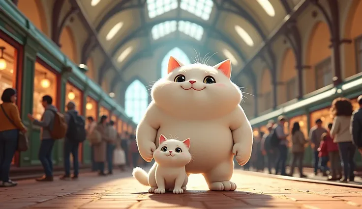 The scene shows a busy yet pleasant train station. The white anthropomorphic muscular cat and white anthropomorphic kitten are standing on the platform, smiling and looking at the approaching train. The station is grand, with people bustling about, but the...