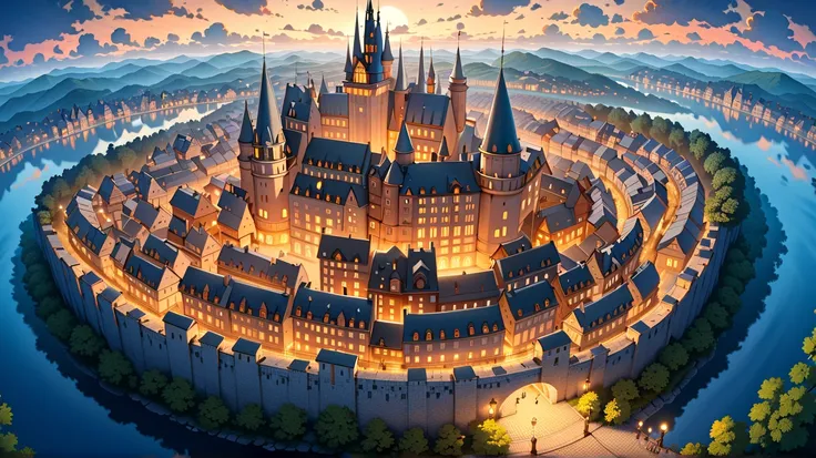 (masterpiece, ultra detailed, top quality:1.4), (Studio Ghibli, animation, PEAnimeBG), (huge peach moons, huge medieval European castle town:1.4), distant night view from above.