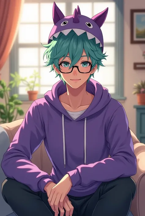 Draw a handsome male anime character with a purple hoodie, purple dinosaur hat, glasses, and mint-colored hair on a home background!