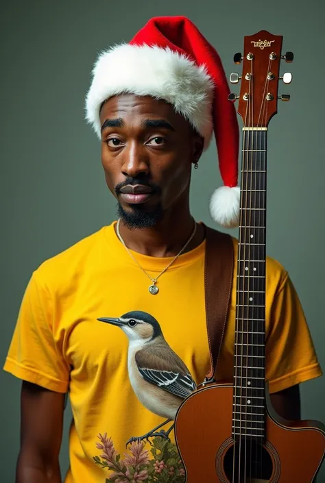 Tupac wearing a yellow t-shirt that features thrush ,  playing a guitar and with a Santa Claus hat on his head