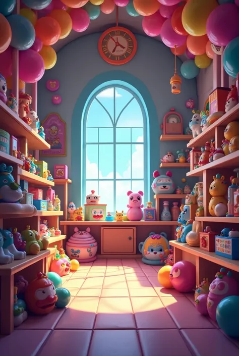 there is a room with a lot of toys and balloons, inside a magical item shop, light kingdom backdrop, splash art brawlstars, colorful concept art, slime rancher, videogame still, pixar movie screenshot, brawl stars, pixar concept art, video game screenshot>...