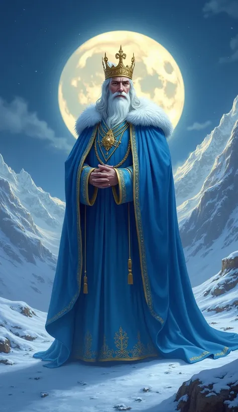 The King of the Cold standing in the snowy mountain area in the full moon winter night in blue shades. He’s got a gold crown with ice decoration. He’s friendly and positive-minded.