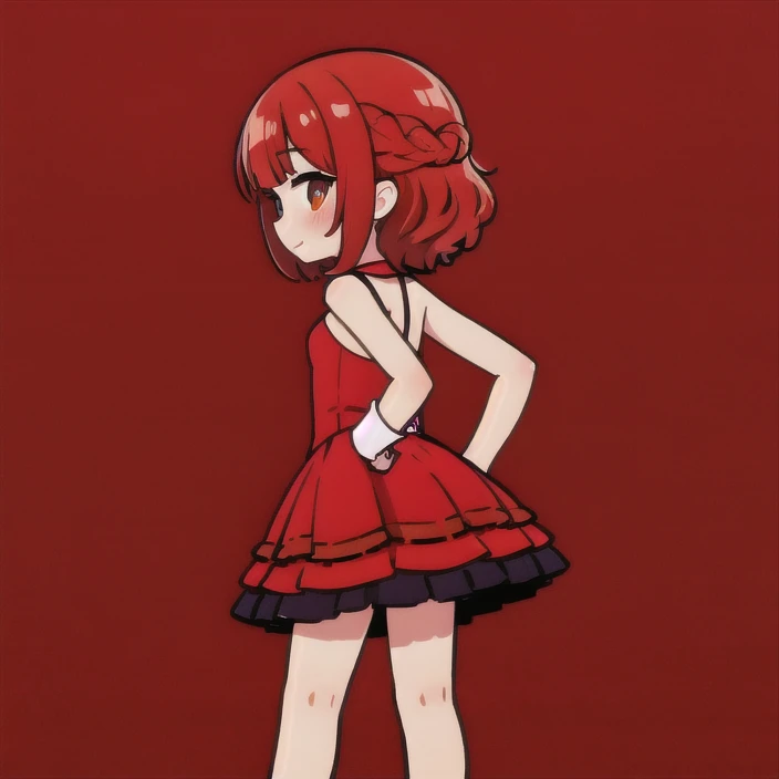  short fibers, Curly hair, Red dress, fitting dress, Short dress, High heel shoes, sexy poses, Friday Night Funkin Girl , only side view, standing straight . Hands on the back side 