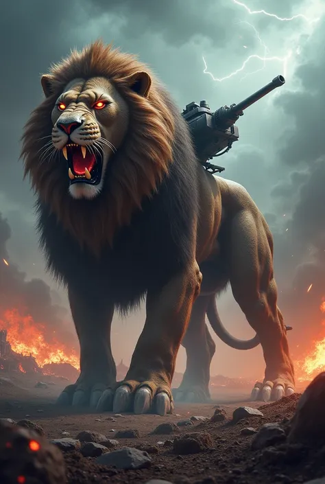 "In the same apocalyptic battlefield, a monstrous hybrid of a lion and a tank stands as a horrifying fusion of organic and mechanical might. The creatures upper body resembles a ferocious lion, its metallic mane shimmering with razor-sharp edges, and glowi...