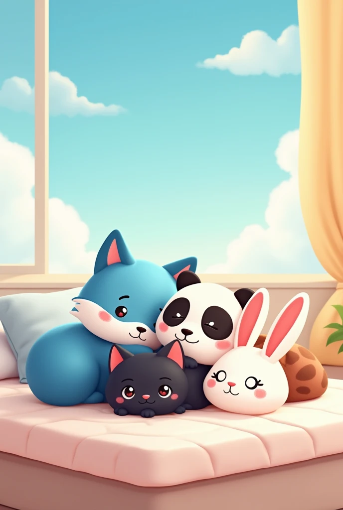 An image to use as a profile picture. In the picture there are 4 animals, a blue fox, a panda, a black cat and a rabbit. Soft, fresh colors, 4 animals lying in a mattress. Simple, cartoon drawings. Behind them is a colorful sky.