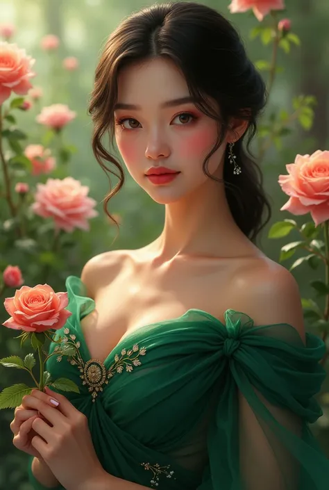 photorealism: create a beautiful lady and a hot body in elegant royal green dress while holding a rose. shes really beautiful and her background is somewhat like a beautiful flower garden. 