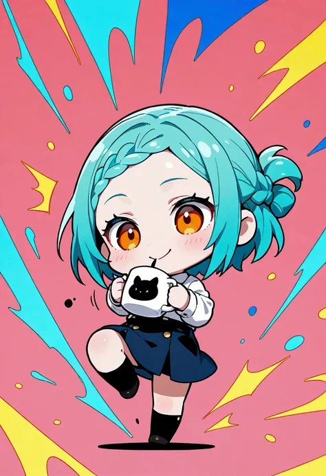 chibi, solo, full body, BREAK, (best quality), 8k, masterpiece, aqua hair, short hair, braided bangs (hairstyle), BREAK, orange eyes, smiling, BREAK, sipping coffee from a cup, BREAK, solid pink background, 