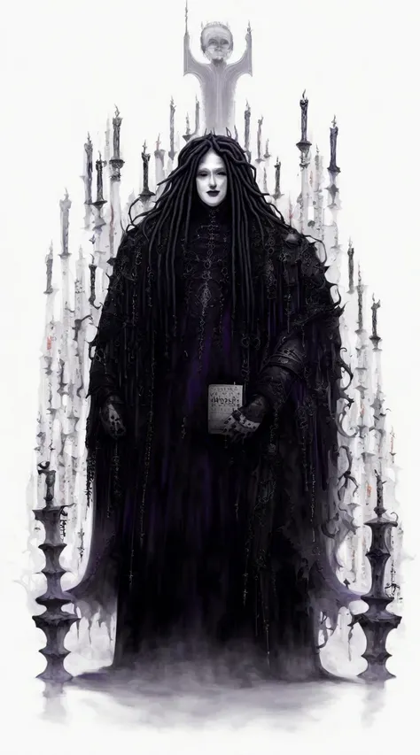 " Asian man with silver dreadlocks that reach his shoulders ,  standing is 180 cm tall and weighs 50 kg .  He is stylized in Gothic fashion with dark , daring clothes, Leather accents ,  and subtle accessories .  The character is represented as a composer ...