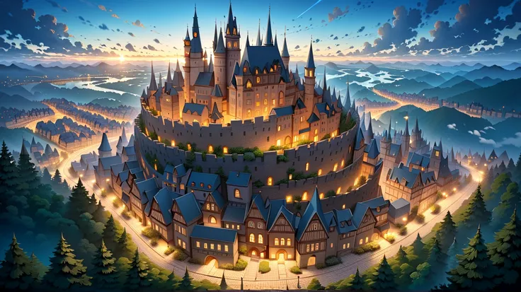 (masterpiece, ultra detailed, top quality:1.4), (Studio Ghibli, animation, PEAnimeBG), BREAK huge peach moons, huge medieval European castle town, distant night view from above.