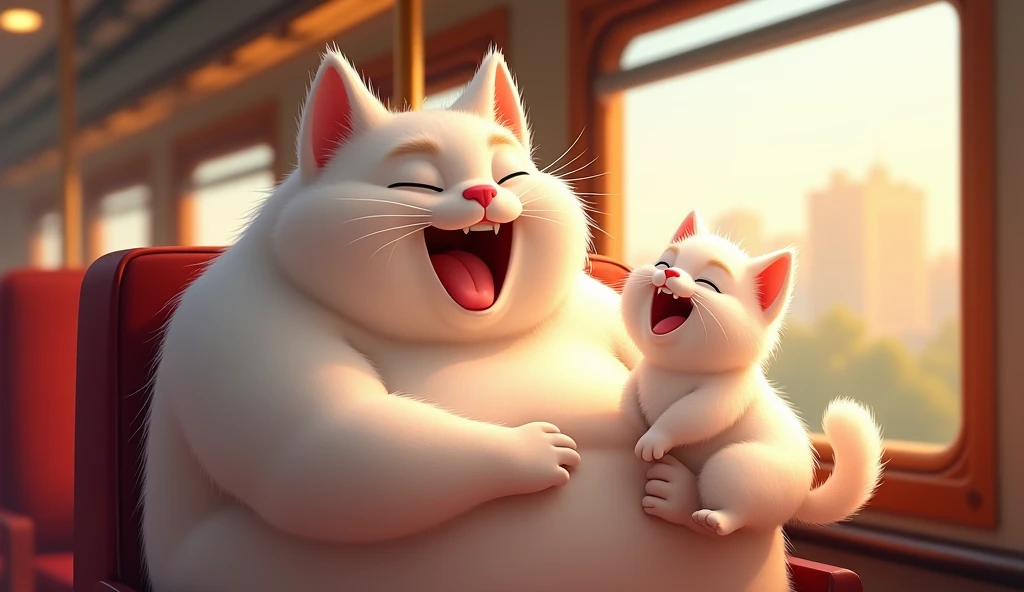 The white anthropomorphic muscular cat and the white anthropomorphic kitten are laughing and enjoying the ride. The train is moving smoothly, and the lights inside are warm and welcoming. The atmosphere feels peaceful and joyful, showing a sense of safety ...