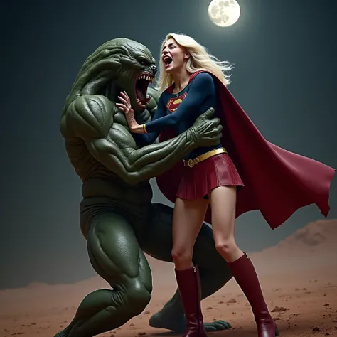 Melissa Benoist as Supergirl, Melissa Benoist is wearing a Supergirl costume as seen on TV, very bright white skin, a huge body fierce Alien Monster hold and carry Supergirl body, It is standing in front of her, the Alien Monster seize her body tightly, it...