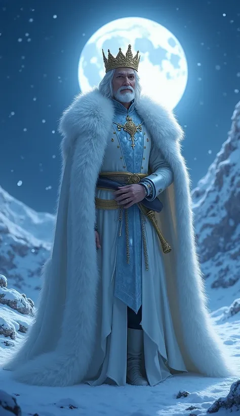 The King of the Cold in rich white king’s outfit, he’s tall and strong, standing in the snowy mountain area in the full moon winter night in blue shades. He’s got a gold crown with ice decoration. He’s friendly and positive-minded.