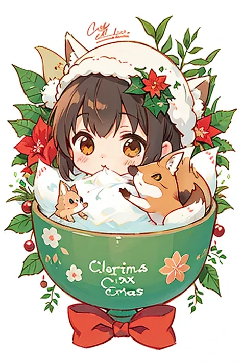    Sato Nakako style,     Cute Designs  ,  The most beautiful girl ever 、Chibi, (((Little foxes   )))、   christmas illustration， Christmas winter scenery  ，Christmas food  ，   poinsettias  、