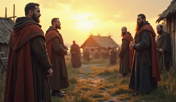 European Christian missionaries, dressed in simple yet distinctive robes of the 10th century, stand before a small Viking settlement.. The sun is low in the sky, casting a golden light over the peaceful yet tense interaction between the two groups."