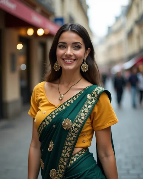 Wide-angle shot captures the stunning 24-year-old French girl with athletic build, medium breasts, slim waist, and porcelain skin. She wears a mustard yellow blouse top with intricate chikankari embroidery, paired with a dark green sequin saree, showcasing...